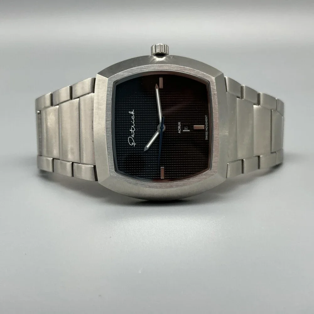 Patrick Acrux Mens Watch 40mm Black Dial Stainless Date Bracelet New Batttery 7